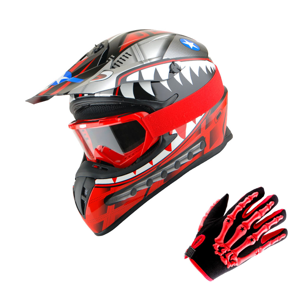 1Storm Adult Motocross Helmet BMX MX ATV Dirt Bike Downhill Mountain Bike  Helmet SC09S Monster Shark Red; + Goggles + Skeleton Red Glove Bundle -  Walmart.com