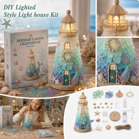 Beginner-Friendly DIY Lighted Sea Glass-Style Lighthouse Kit Collection | Calming Ocean-Themed Craft Kit for Adults & Coastal Home Decor Coastal Christmas D