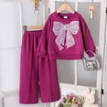 thumbnail image 2 of LIIPEE Girls Outfits Casual Bow Printed Long Sleeve Crew Neck Tops Solid Color Pants Two Piece Set Toddler Kids Breathable Soft Comfortable Cute Daily Clothes,Purple,4-5 Years, 2 of 8