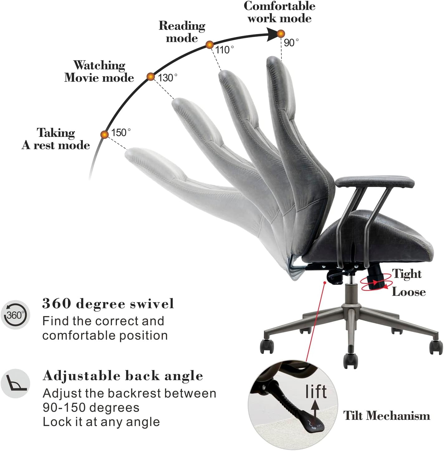 XIZZI Ergonomic Computer High Back Chair, Adjustable Office Desk Chairs Home Suede Fabric Chair-Dark Gray