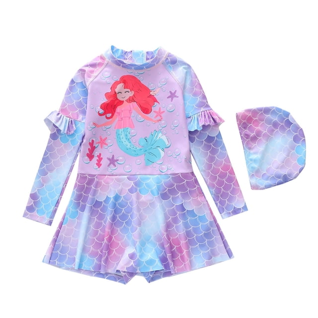 AWZXDE Girls One Piece Swimsuit Long Sleeve Bathing With UPF 50 Sun Protection Rash Guard For Kids 4-10Y