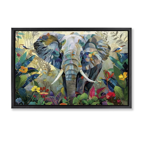 Stupell Industries Eclectic Elephant's Realm in Tropical Bloom Black Floating Frame Canvas Art, 25 x 17, by Lazar Studio