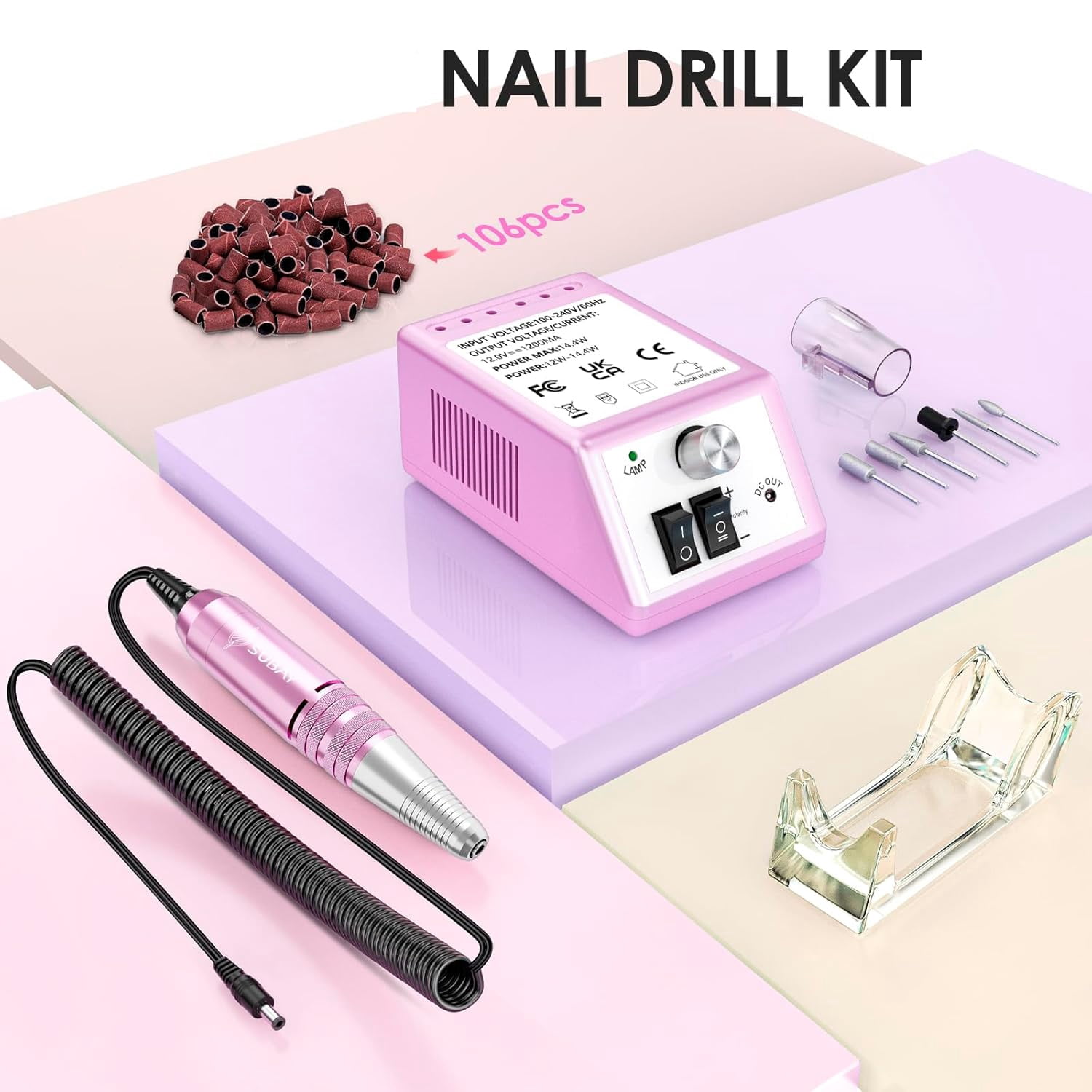 Professional Electric Nail Drill Kit, 30000 RPM Manicure Pedicure Machine with 6 Bits & 100 Sanding Bands, Pink