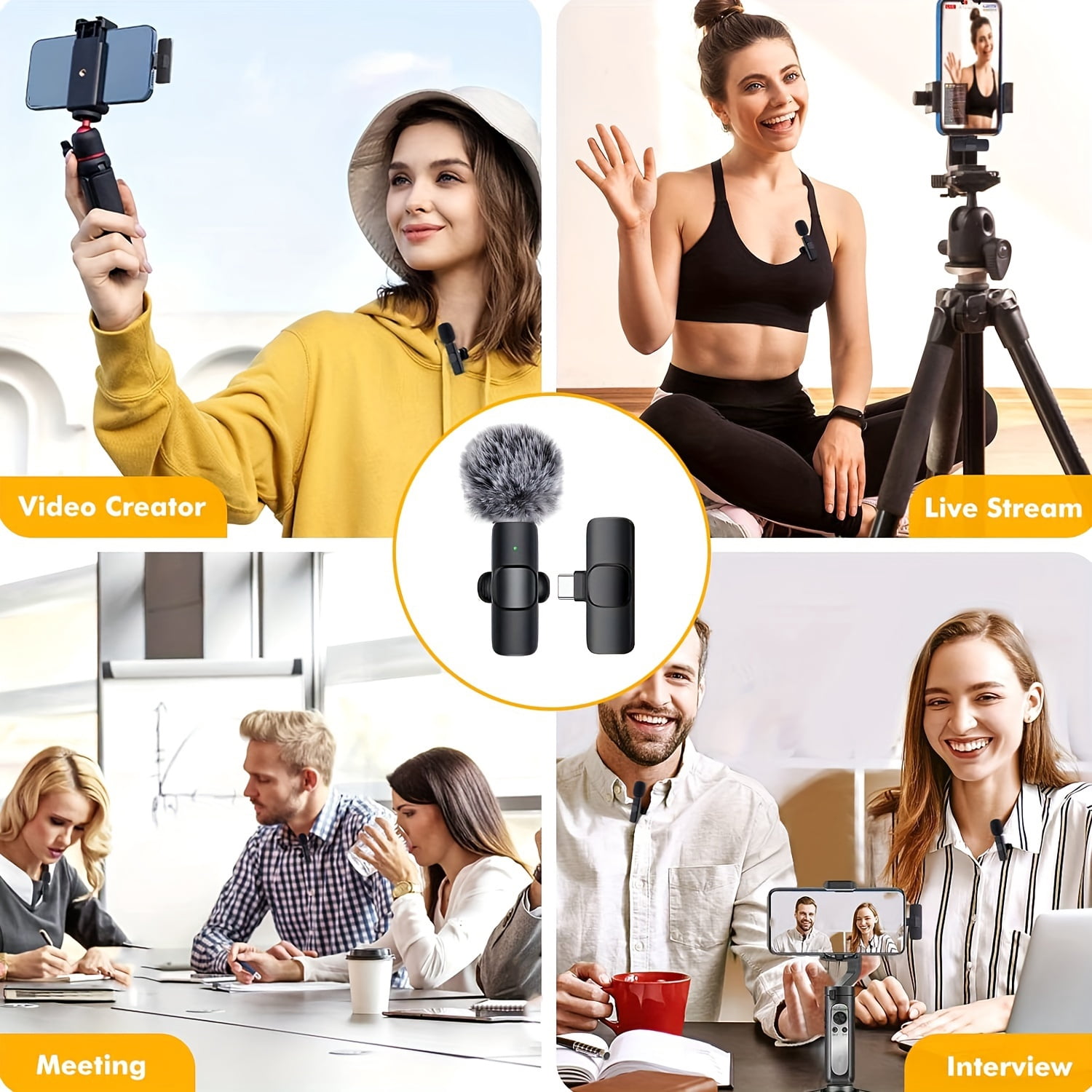 Wireless Lavalier Microphone with 1-Touch Recording, Clip-On, USB-C, Omnidirectional, for Streaming, USB Rechargeable, Plug & Play