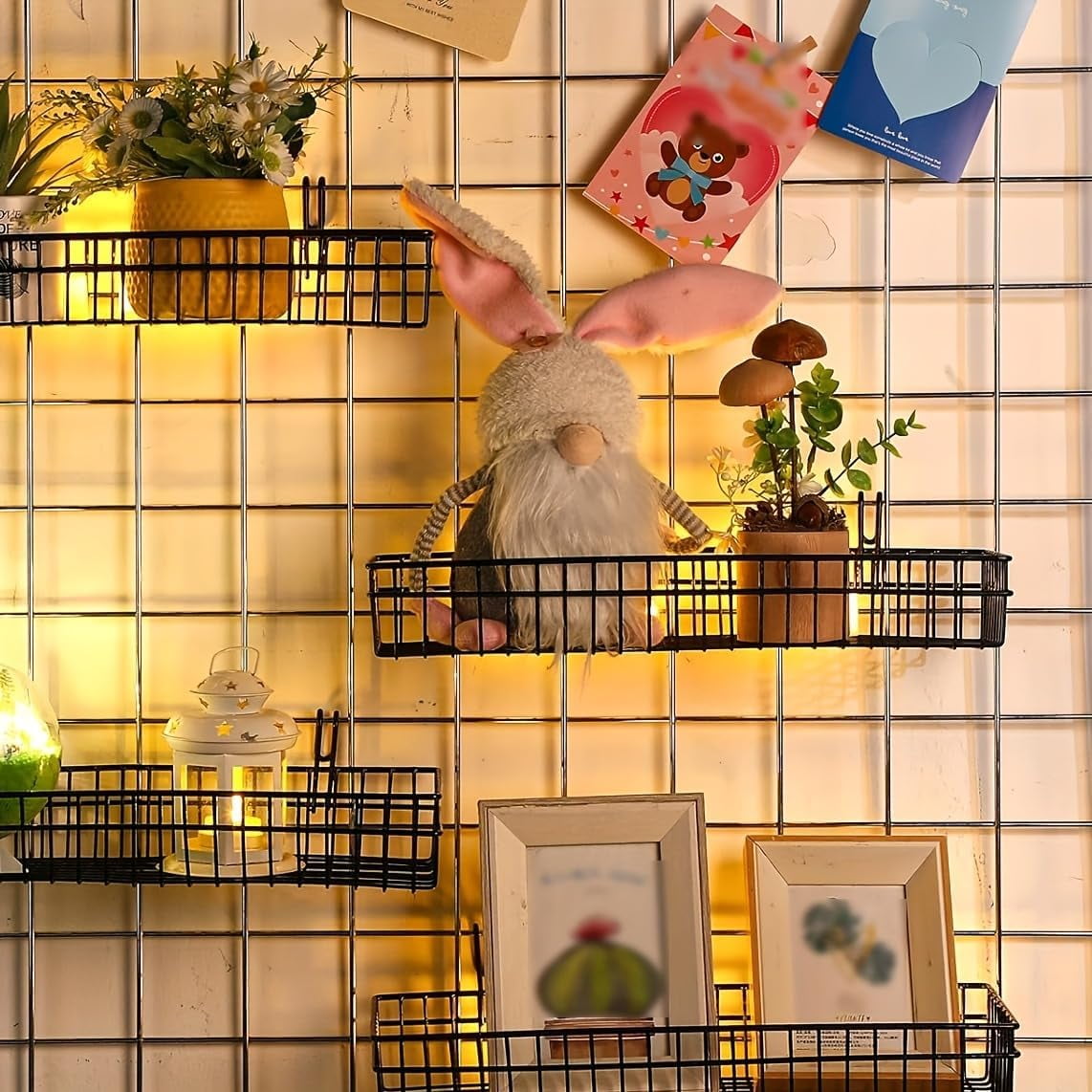 4 Pack 15.75 x 6 x 2.36 Inch Metal Grid Wall Baskets with Hooks, Hanging Wire Grid Basket, Multi-Function Wall Mounted Organizer for Kitchen Garden Organizing Display, Black