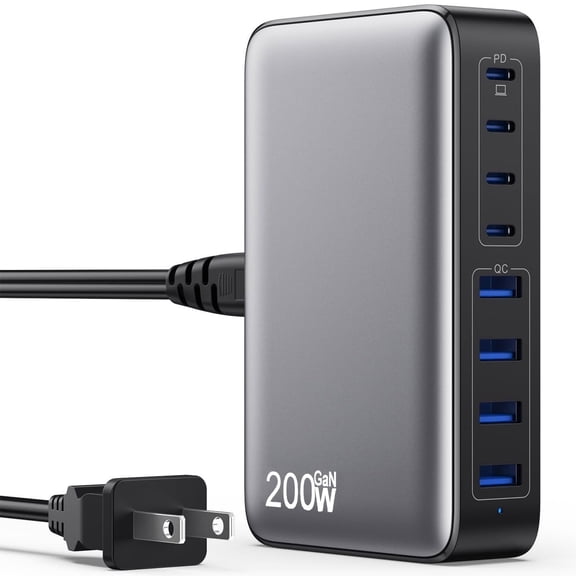 VAMOUT Charging Station, 200W 8-Port USB C Charger Block, PD 65W Fast Charging GaN Desktop Charger for Multiple Devices, Compatible with MacBook Pro/Air, iPhone, Galaxy, Dell Etc