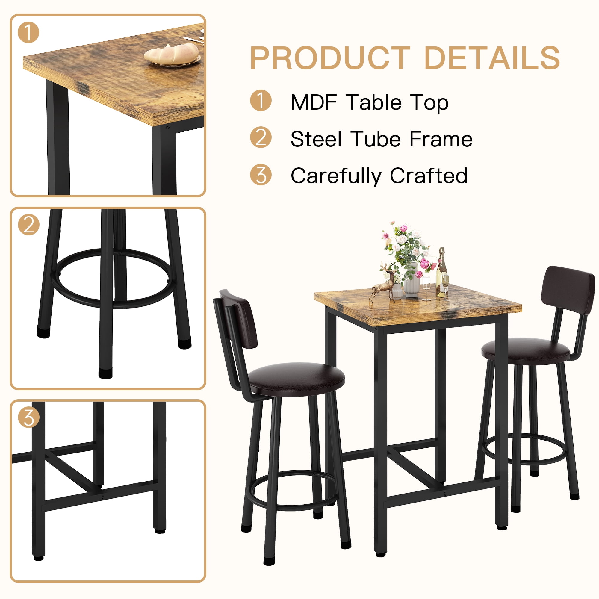 MIERES Dining Set, 2-Person Kitchen Dining Set, Solid Wood Dining Table with Two Chairs, Square Kitchen Dining Set (3-Piece), Brown