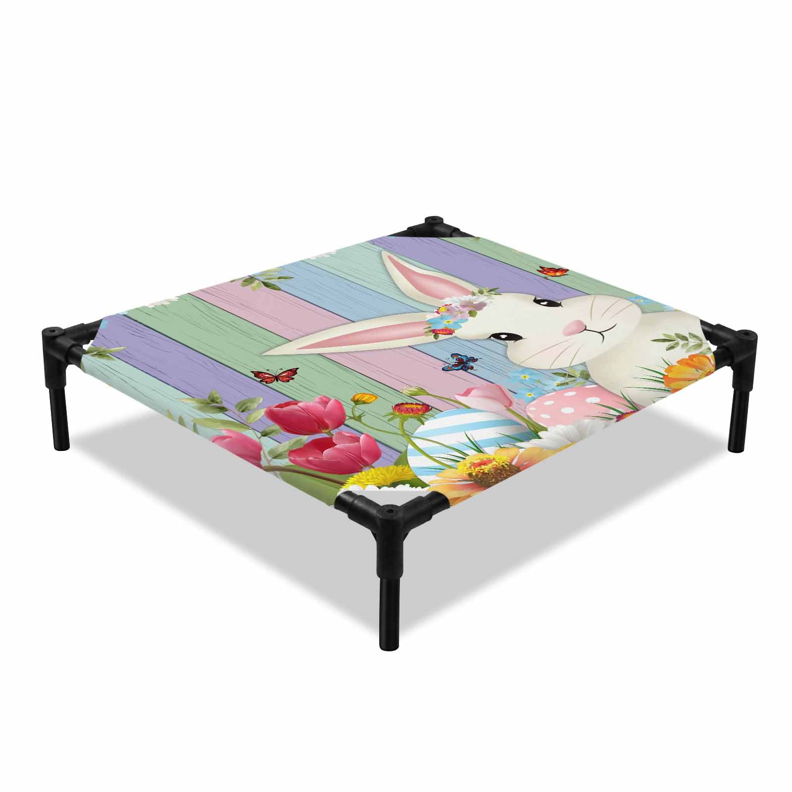 Easter Cartoon Bunny Elevated Dog Bed Spring Tulips Daisy Leaf Pink Blue Purple Cooling Breathable Outdoor Raised Dog Cot Bed with Metal Frame Non-Slip Feet for Small Dog 20x20in