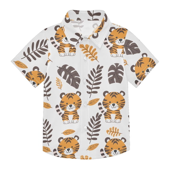 Dailycode Small Short Sleeve Button Down Shirts Cute Tigers with Leaves Casual Shirt 3-10 Years