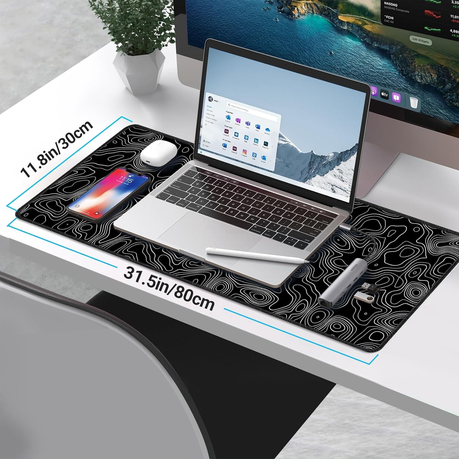 Topographic Contour Gaming Mouse Pad Large,XL Desk Pad Computer Mouse Pad for Keyboard with Stitched Edges, Anti-Slip Base,Waterproof Mousepad,Big Mouse Pad (Black,31.5" x 11.8")