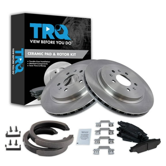 TRQ Rear Brake Pad & Rotor Kit Brake Pads Brake Rotor Parking Brake Shoe Set Ceramic Fits Select 2005-2008 Cadillac STS