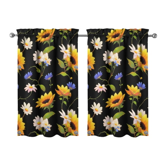 Vintage the Small Daisy Sunflower Is Black Tier Kitchen Curtains for Bathroom Living Rod Pocket Window Drapes 28"x39" 2 Panels Window Treatment Tiers