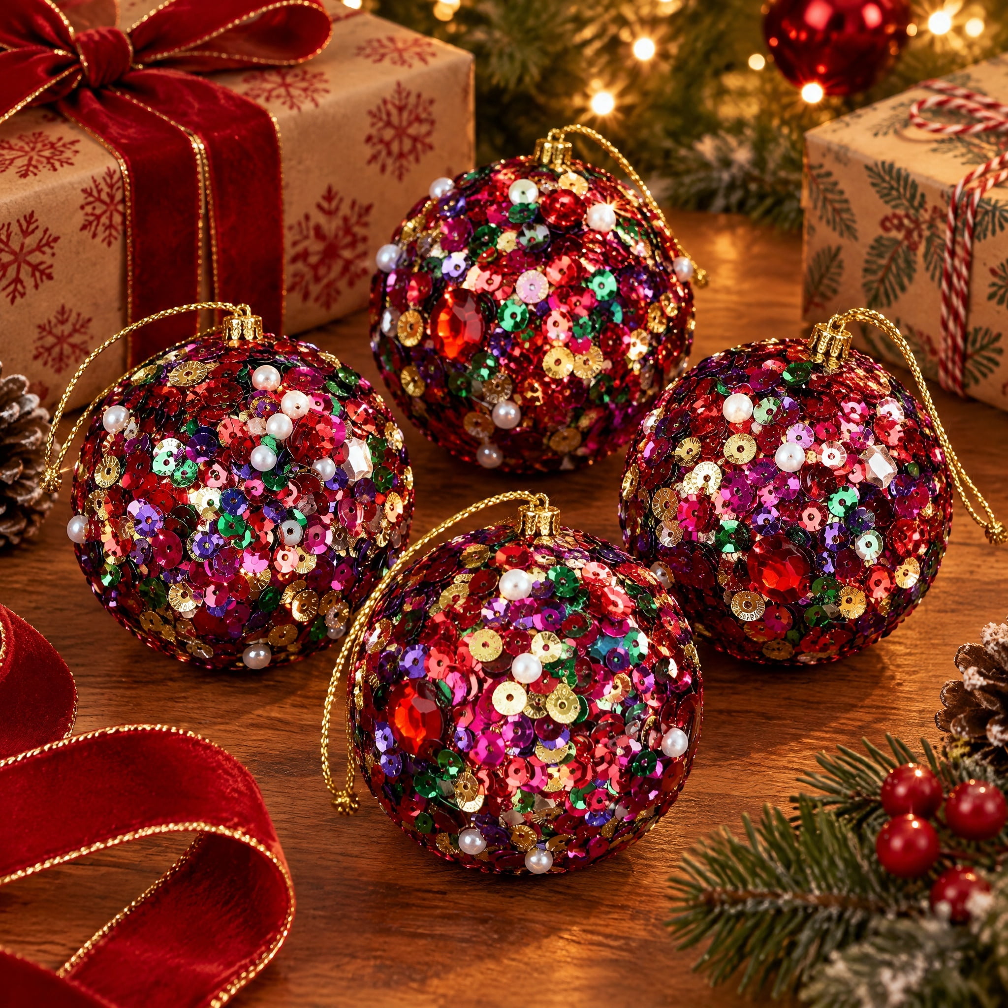 4-Count Multicolor Sequin Ball Christmas Ornaments, 4.5", by Holiday Time