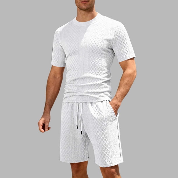 Ceisia Men's Slim Fit Diamond Jacquard 2-Piece Set Crew Neck Short Sleeve T-Shirt with Elastic Waist Drawstring Shorts Gifts