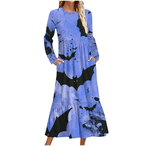 WXLWZYWL Womens Halloween Dress Plus Size Womens Dresses Fall 2024 Floral Printed Long Dress Long Sleeve Round Neck Sundress