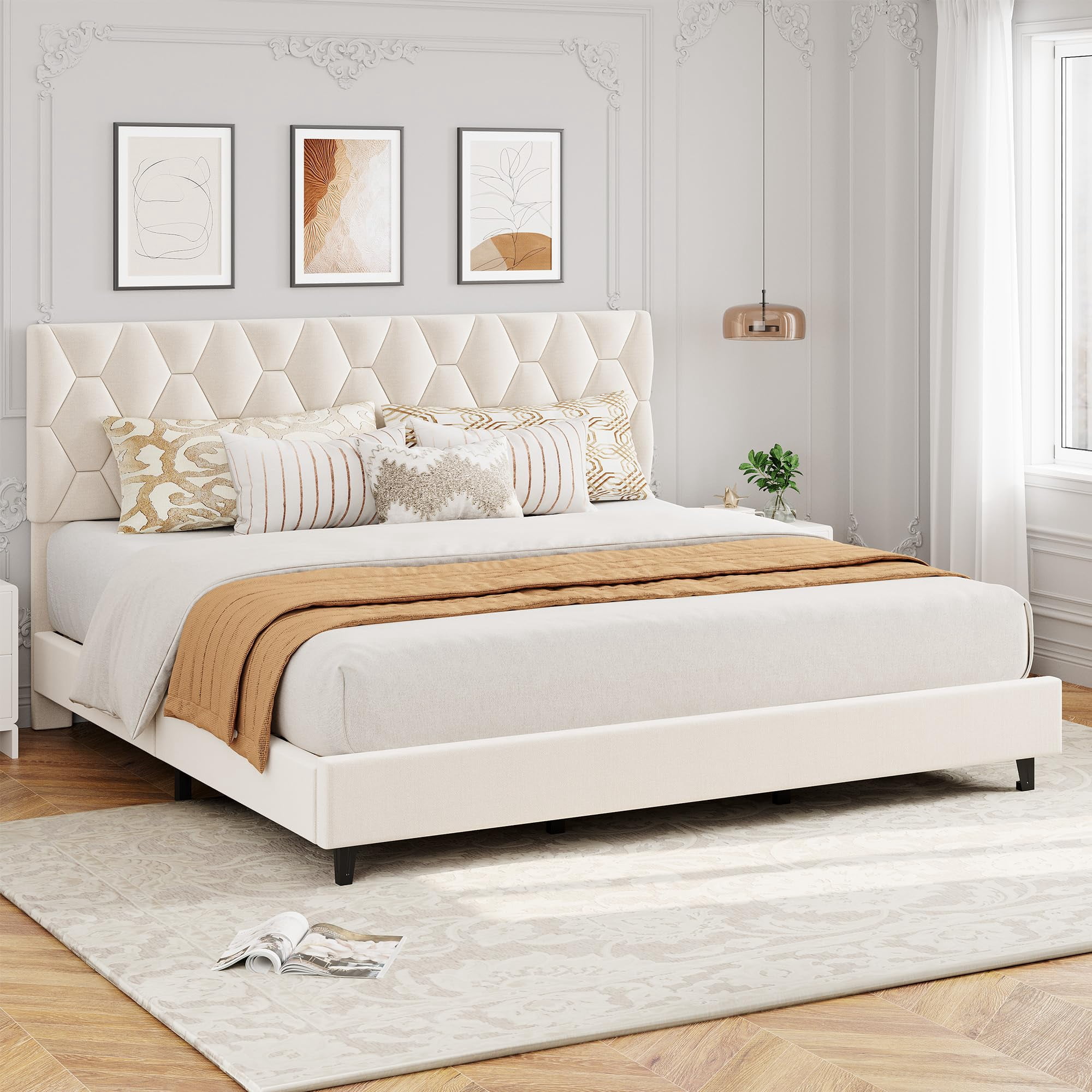 PYY Modern Upholstered Bed Frame – King Size, Beige – Adjustable Headboard, Heavy Duty Platform, Strong Wood Slats, Noise-Free, No Box Spring Needed, Easy Assembly – Bedroom Furniture – Beige
