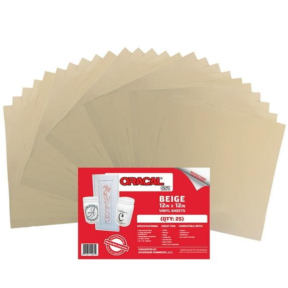 (25) 12" x 12" Sheets - Oracal 651 Beige Adhesive Craft Vinyl for Cricut, Silhouette, Cameo, Craft Cutters, Printers, and Decals - Matte Finish and Outdoor and Permanent