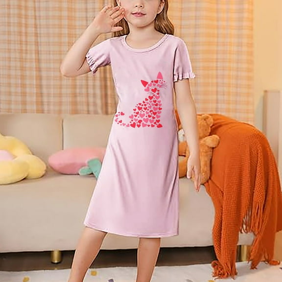 KkSLirnhs 150 Girls Pajamas Size 8 Kids' Comfy Nightgown – Short Sleeves, Sweet Prints, Easy to Move In Pink