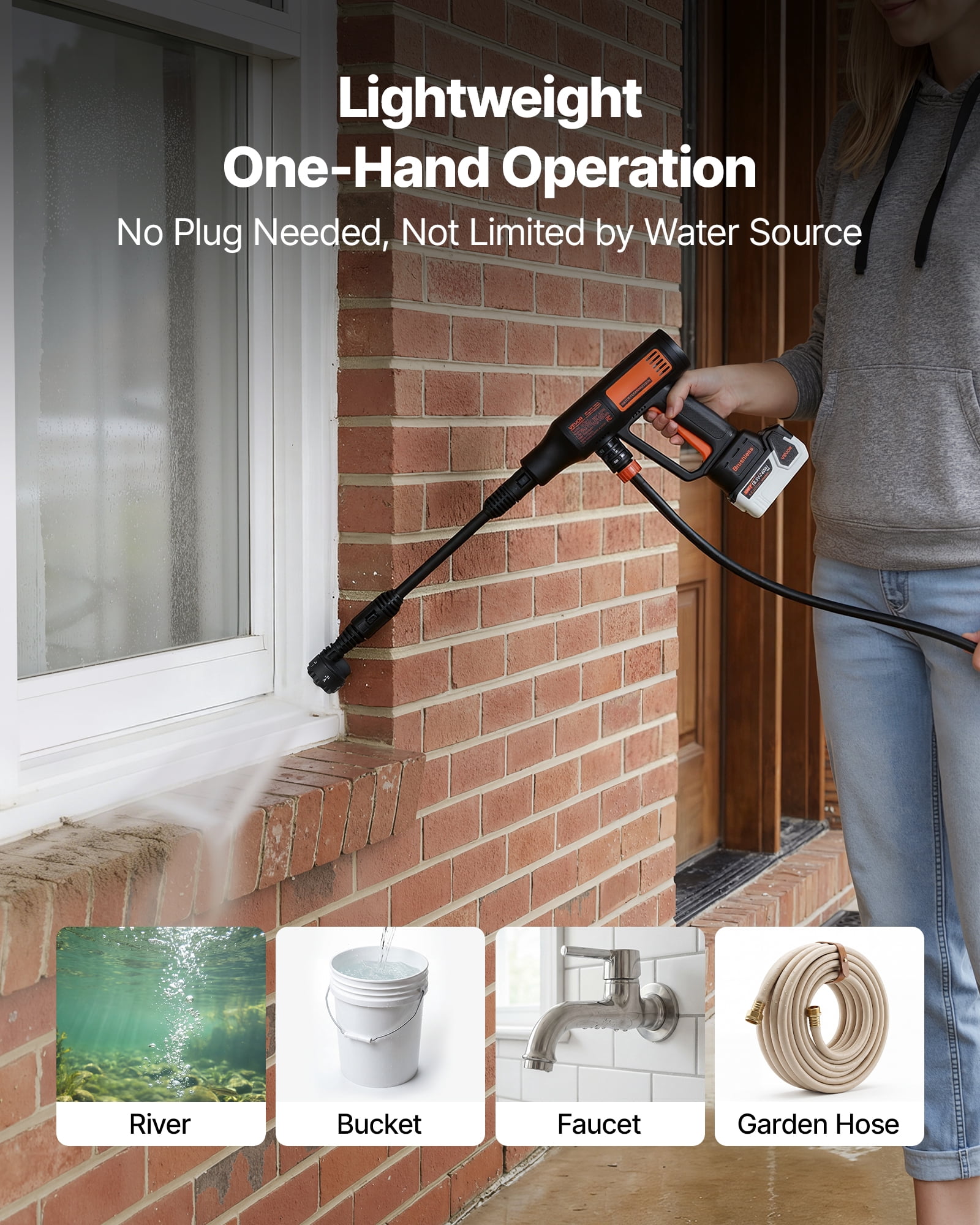 VEVOR Cordless Pressure Washer, 1200PSI MAX Portable Pressure Washer with Brushless Motor,  6-in-1 Nozzle & Water Hose, 4 Speed Adjustable,Battery Powered Handheld Power Cleaner for Home Garden Patio