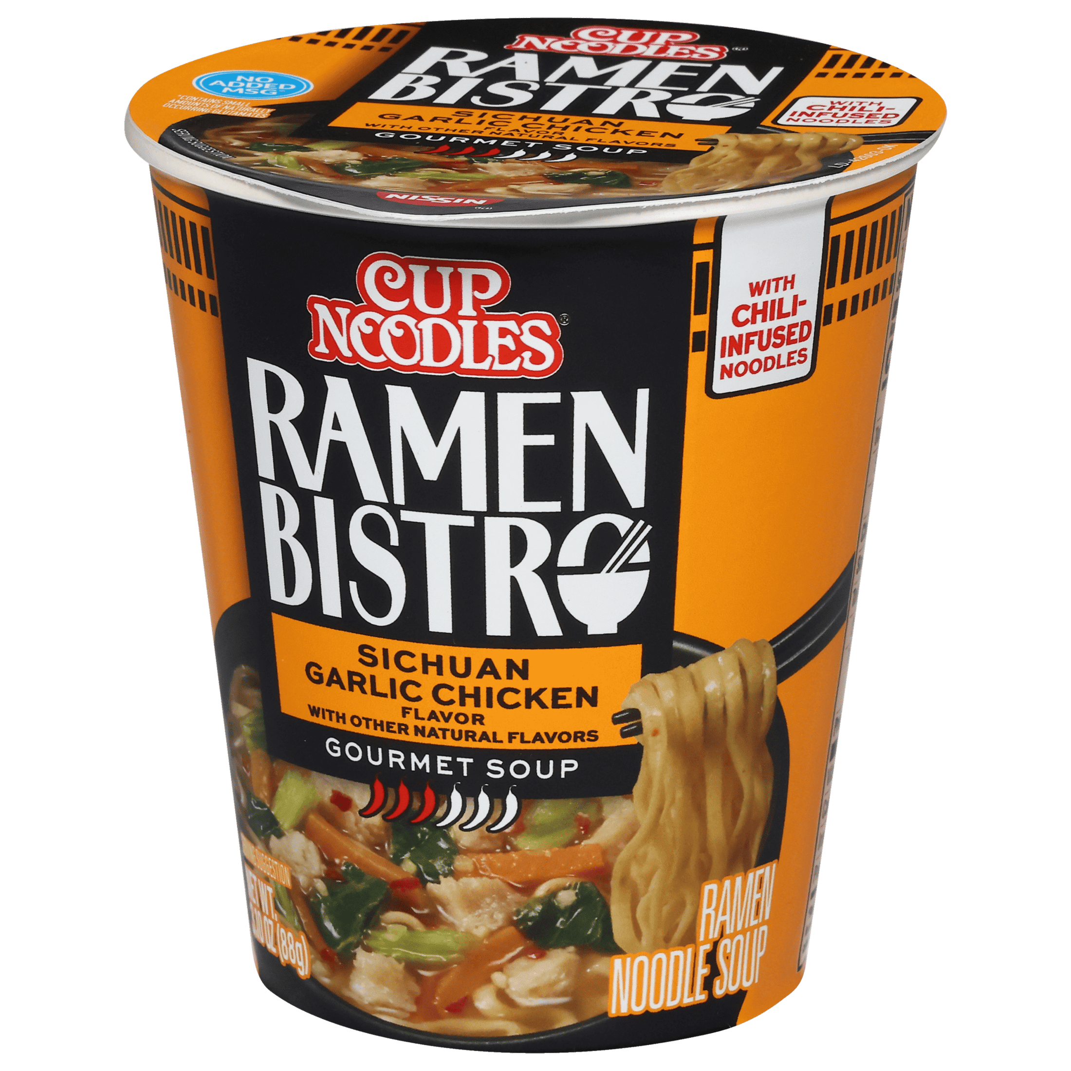 (6 pack) Nissin Foods Cup Noodles Ramen Bistro Ramen Noodle Soup, Sichuan Garlic Chicken Flavor, 3.10 oz Cup, Shelf-Stable