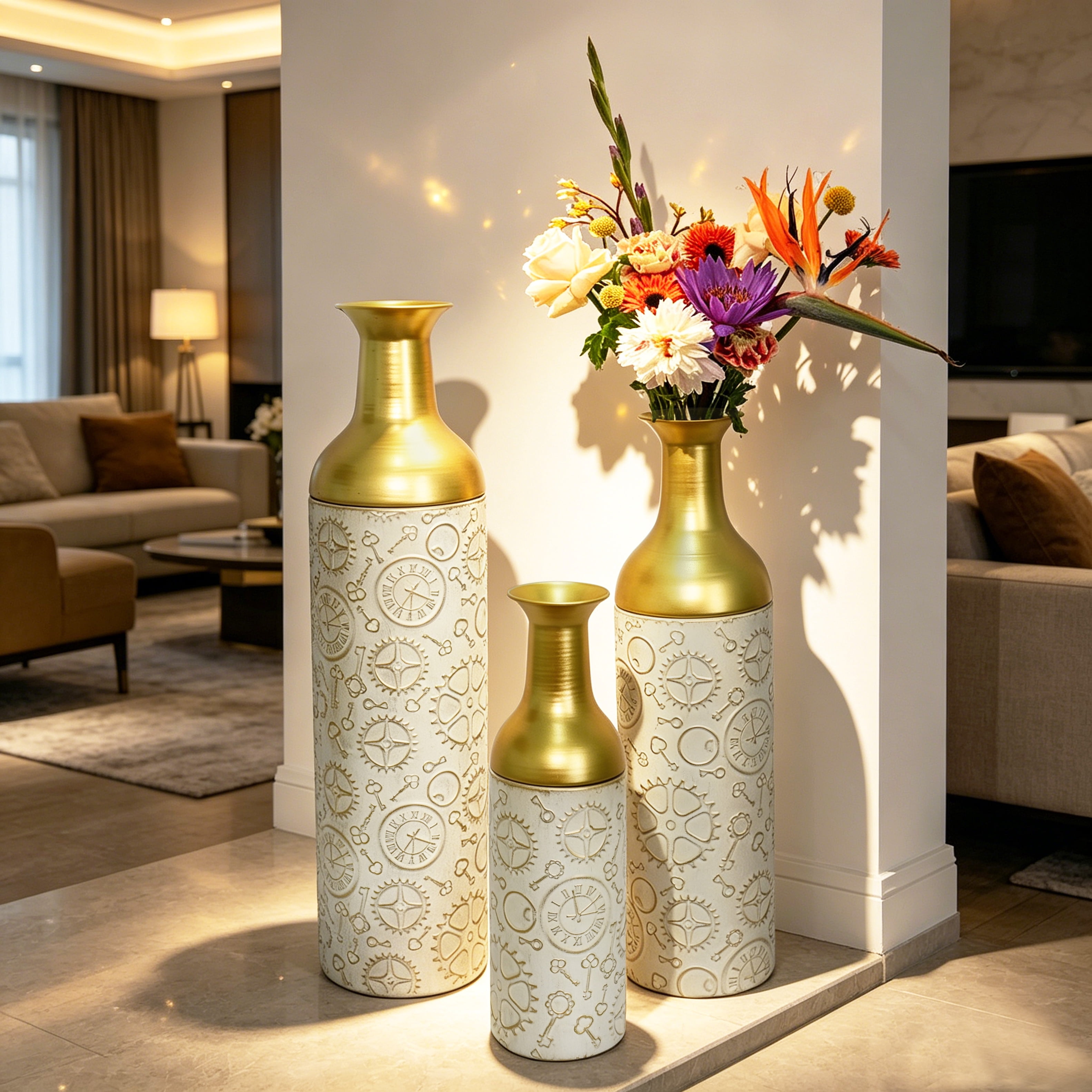 Metal Floor Vases Set of 3 with Leaf Pattern, Tall Decorative Vases and Home Decor Accents for Living Room Entryway, Antique White and Gold
