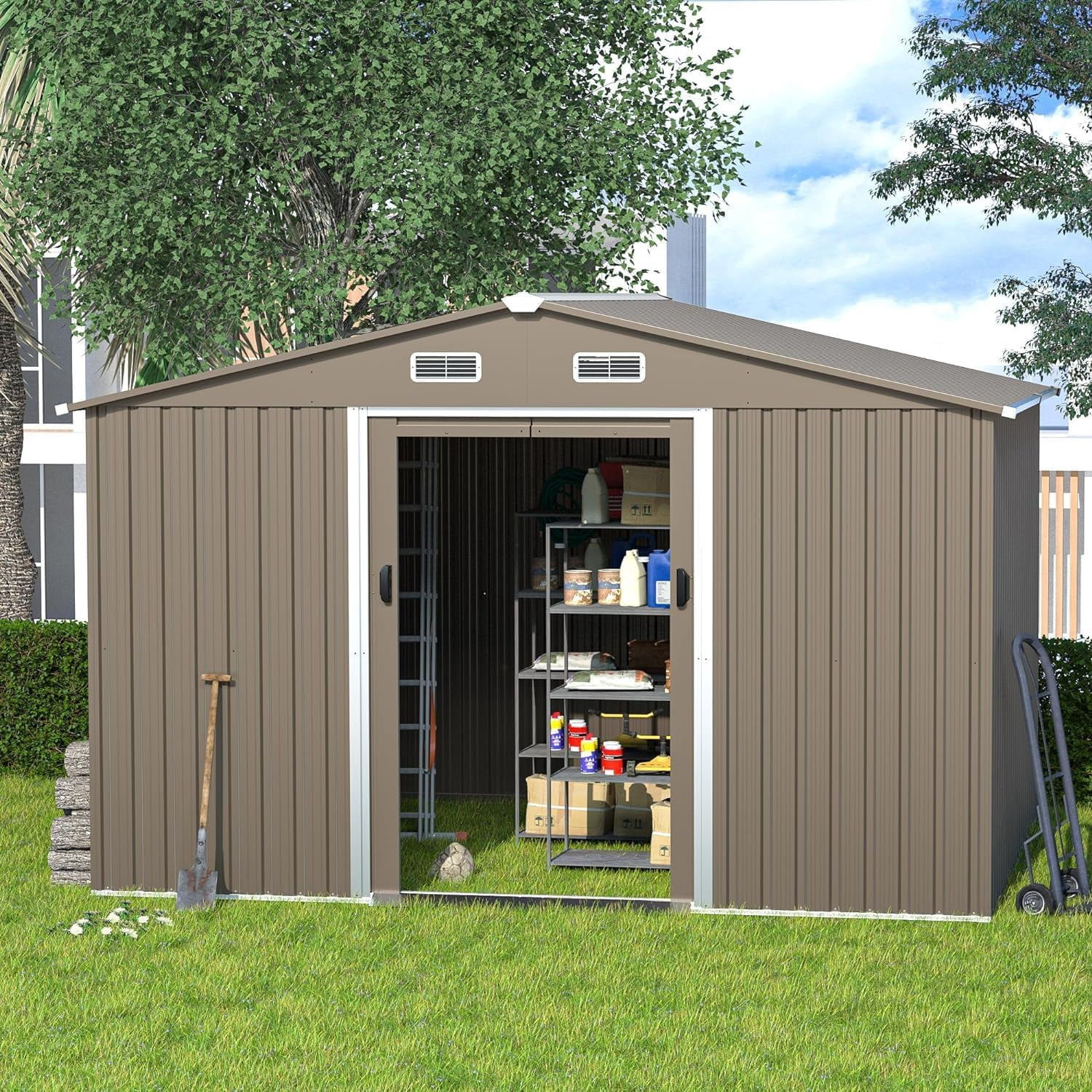 Kullavik 10' x 8' Metal Storage Shed with Lockable Sliding Doors, Air Ventilation Design - Outdoor Utility Shed for Garden, Backyard, Patio, and Lawn Tools
