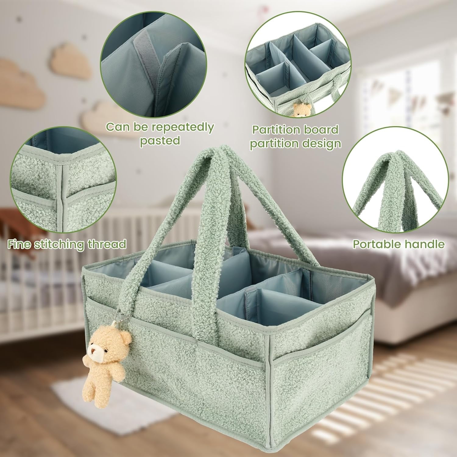 Nappy Caddy Organizer for Baby Changing Table, Portable Diaper Caddy With Removable Dividers/Handle, Newborn Essentials, Nursery Wipes Storage Bag, Gift for Mum, Baby Shower