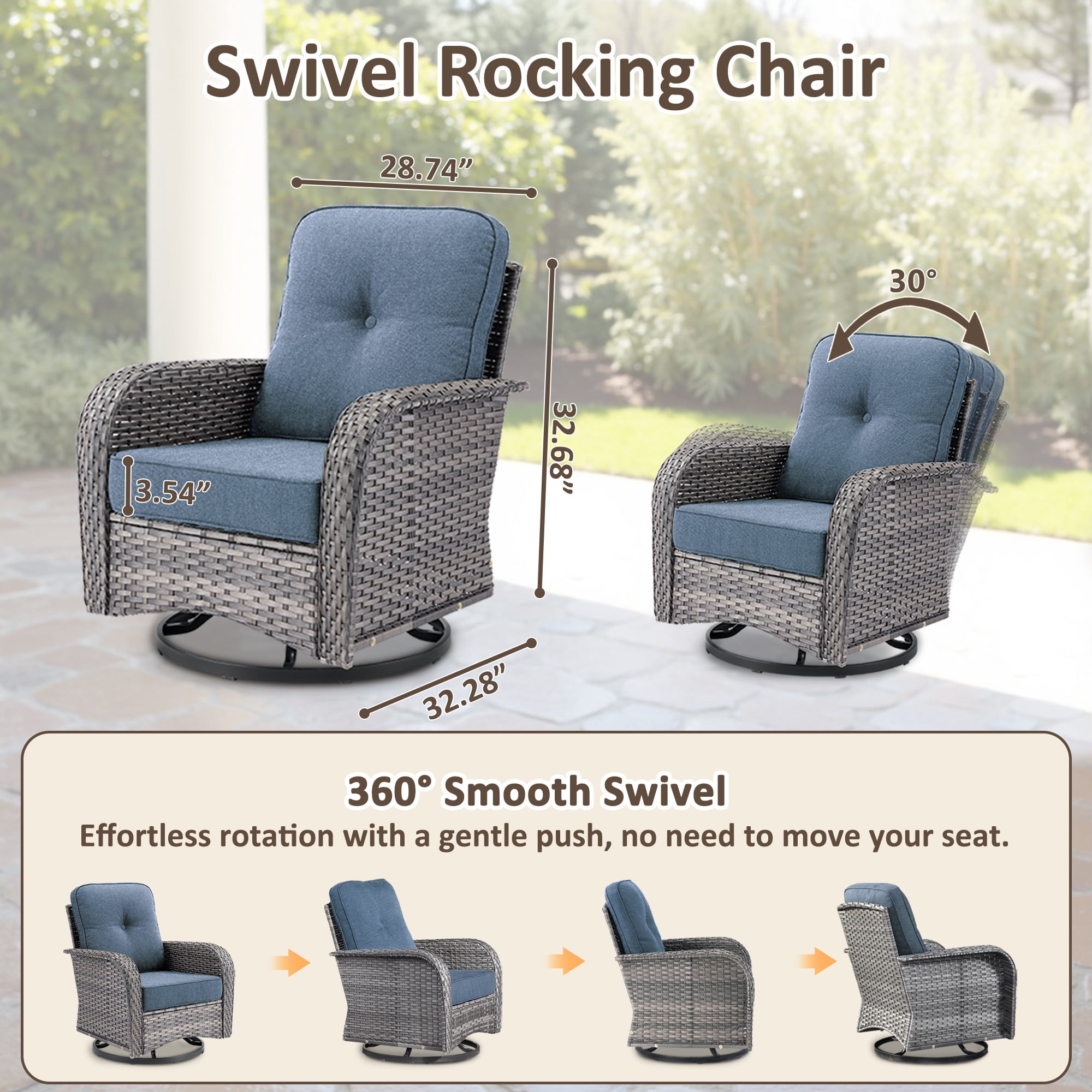 Toject Patio Furniture Set, 7 Pieces Outdoor Furniture Wicker Patio Conversation Set with Swivel Chairs, High Back Outdoor Chairs Loveseat for Backyard, Garden, Denim Blue