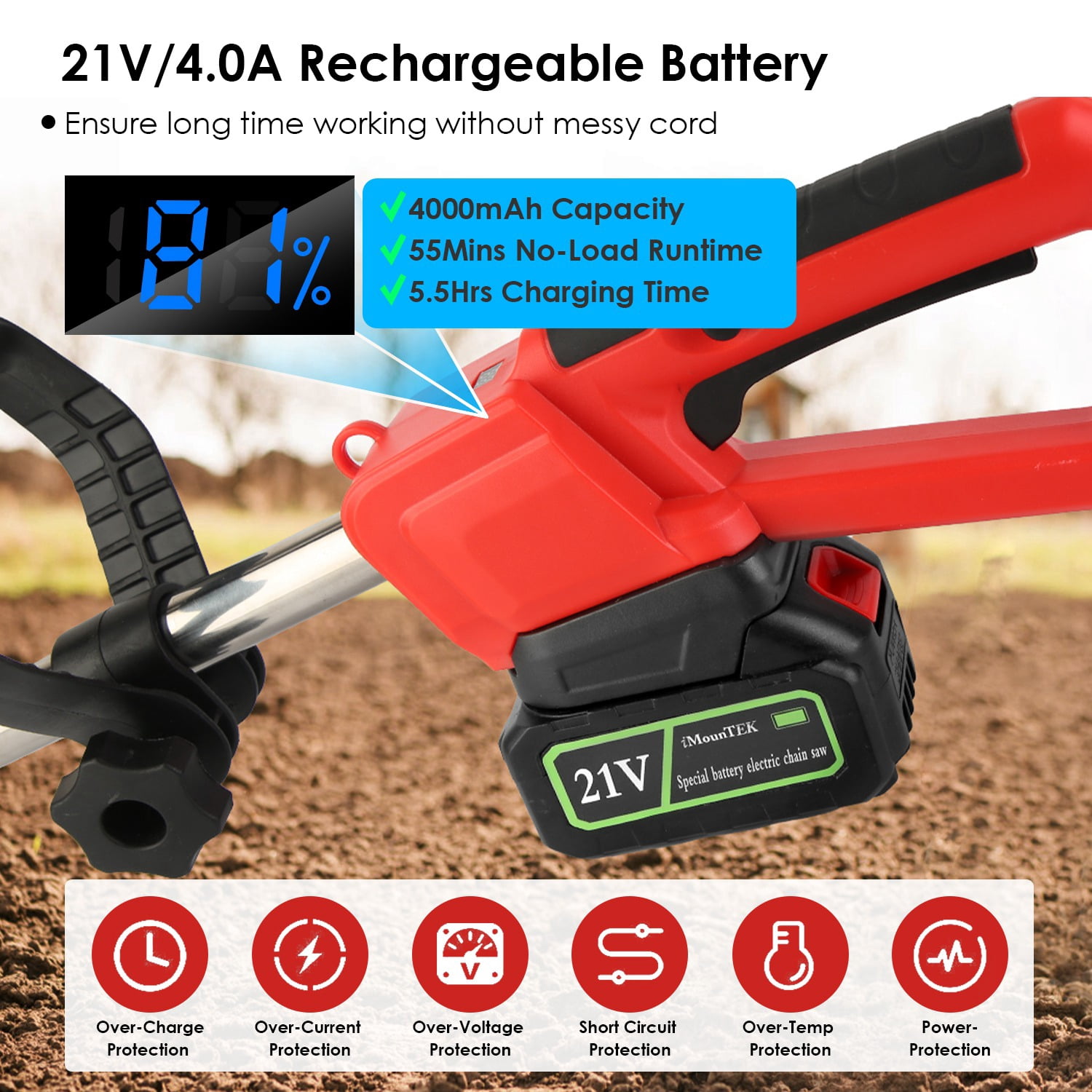 21V Cordless Electric Tiller Cultivator for Wide&Deep Tilling afety Lock Auxiliary Handle Perfect for Garden Bed Preparation Weeding Soil Aeration Lawn Care Raised Bed Vegetable Patch Gardening Tool