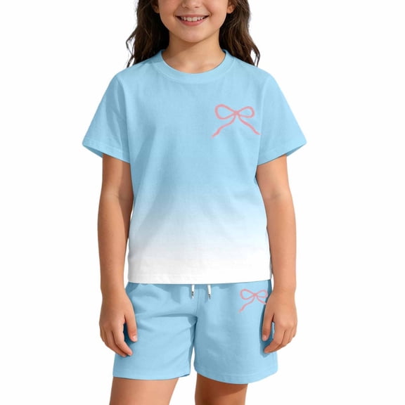 Vividxx Girls Outfit Set Summer 2 Piece Outfits Gradient Printed Short Sleeve T-Shirts And Shorts Kids Fashion Girls Clothes Set