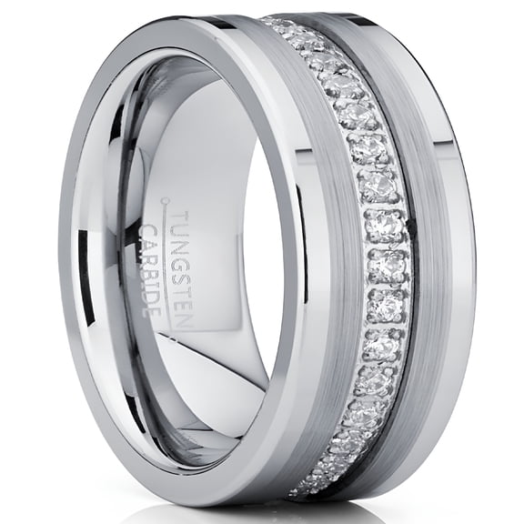 DESIGNICE Mens Tungsten Wedding Band Ring Cubic Zirconia Inlay Wedding Ring for Men 8Mm Silvertone