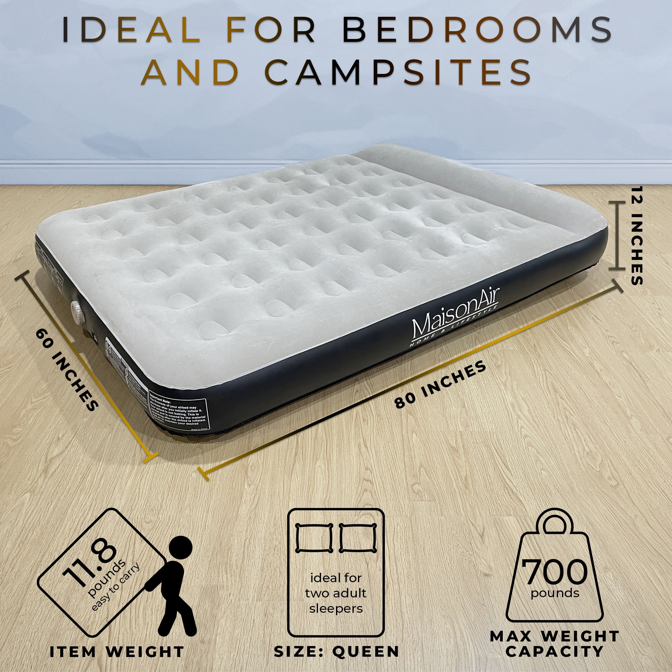 MaisonAir 12in Queen Airbed Premium Air Mattress with Coil Beam Support and Built in Pillow with Rechargeable Pump