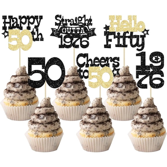 12Pcs Black & Gold Glitter 50th Birthday Cupcake Toppers, "Hello 1976, Cheers to 50" Picks for 50th Birthday Party Cake Decorations
