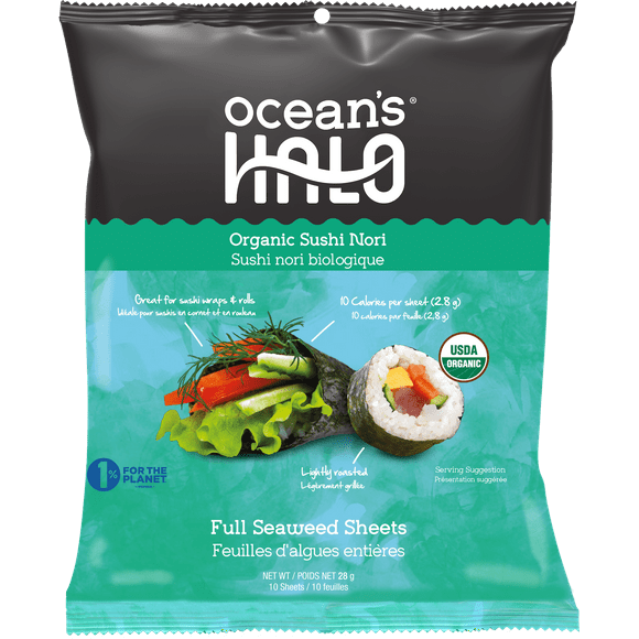 Ocean's Halo, Organic Sushi Nori Seaweed, Vegan, 28g, OCEAN'S HALO ORG SUSHI NORI SEAWEED SHTS
