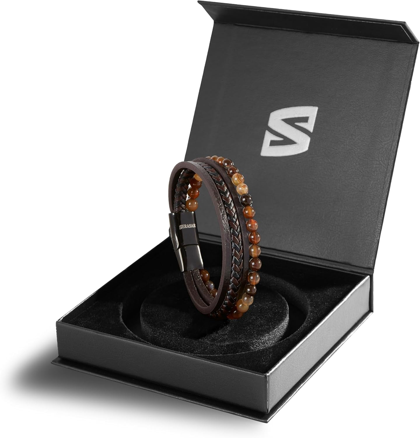 SERASAR Premium Genuine Leather Bracelet for Men [Stone] in Brown | Natural Stone Beads | 17cm | Stainless Steel Magnetic Clasp | Includes Jewelry Box