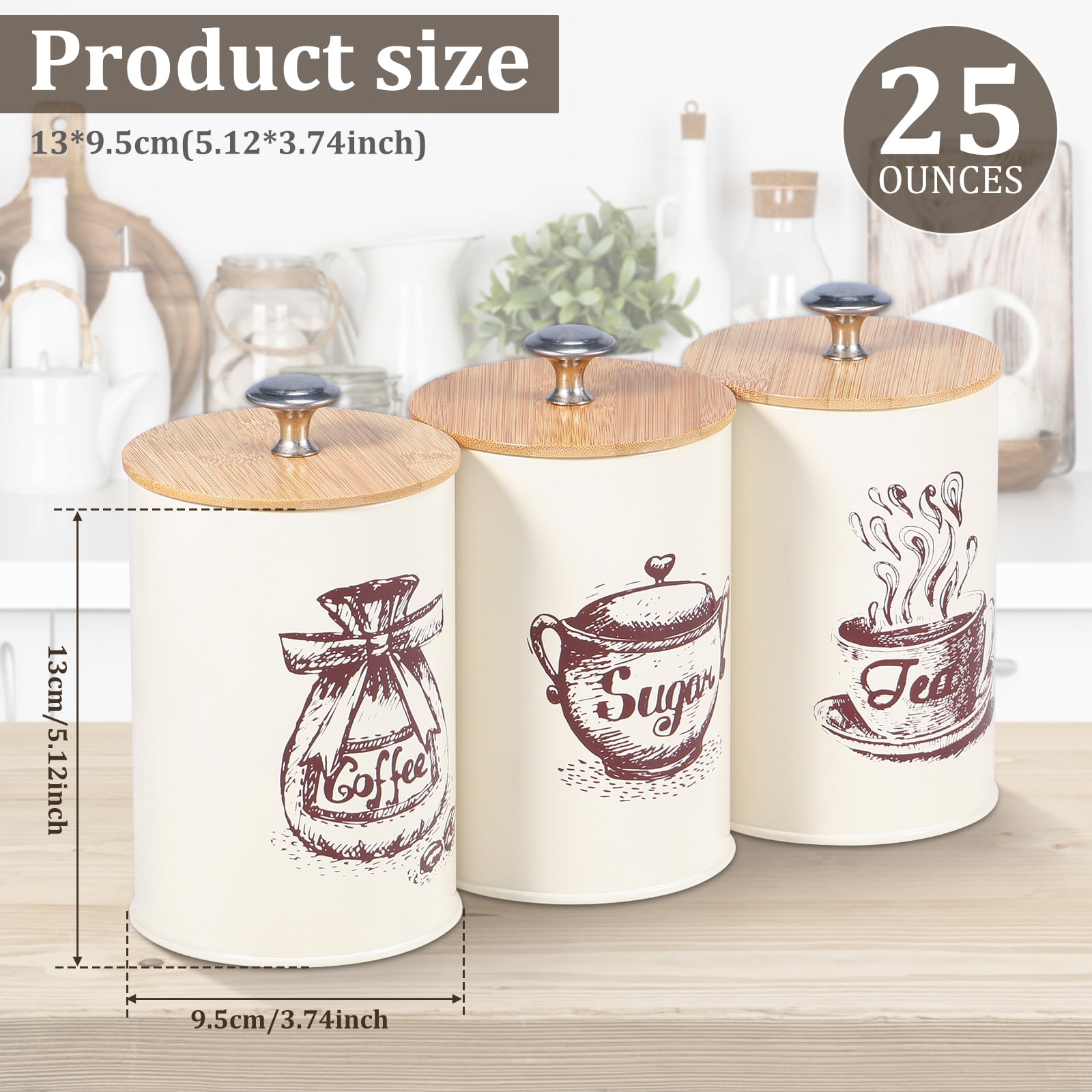 Fkszll 3Pcs Food Storage Canister Set, Airtight Vintage Coffee Sugar Canisters Set, Coffee Sugar Tea Storage Container Jar with Wooden Lid for Kitchen, 25 oz