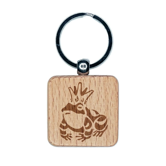 Frog Prince with Crown Square Keychain Charm Tag - Engraved Wood