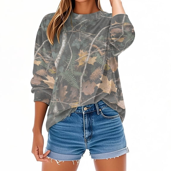 Women's Camo Sweatshirts Long Sleeve Maple Leaf Pullover Sweatshirt Trendy Fashion Crewneck Shirts Fall Tops, 3XL Gray