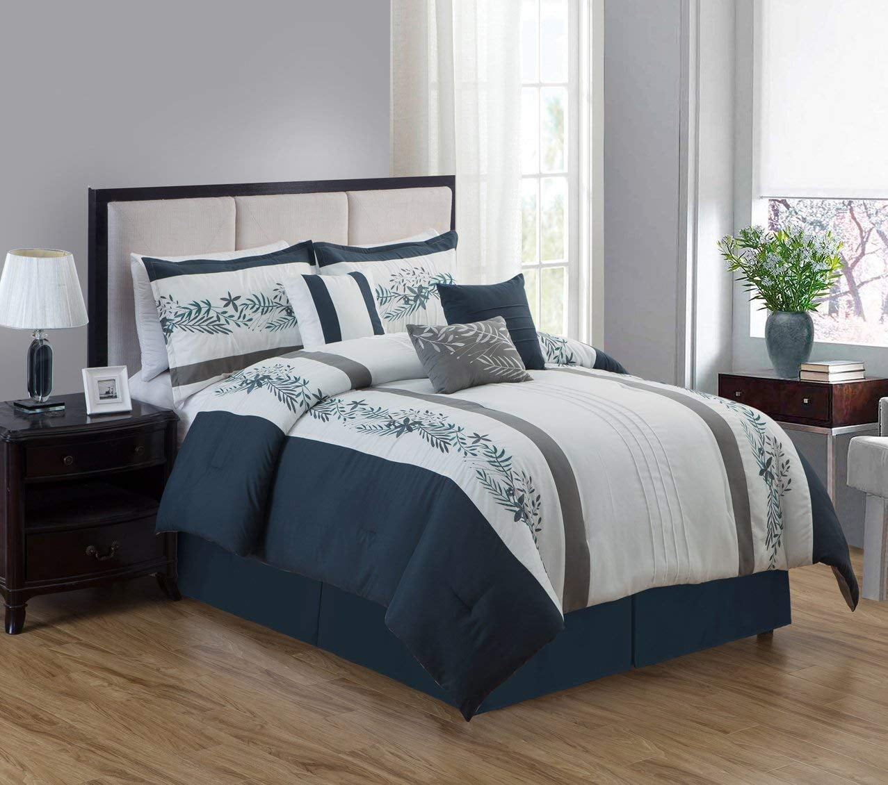 DCP 7Pcs Oversize Luxury Stripe Bed in Bag Microfiber Comforter Cal King Blue 