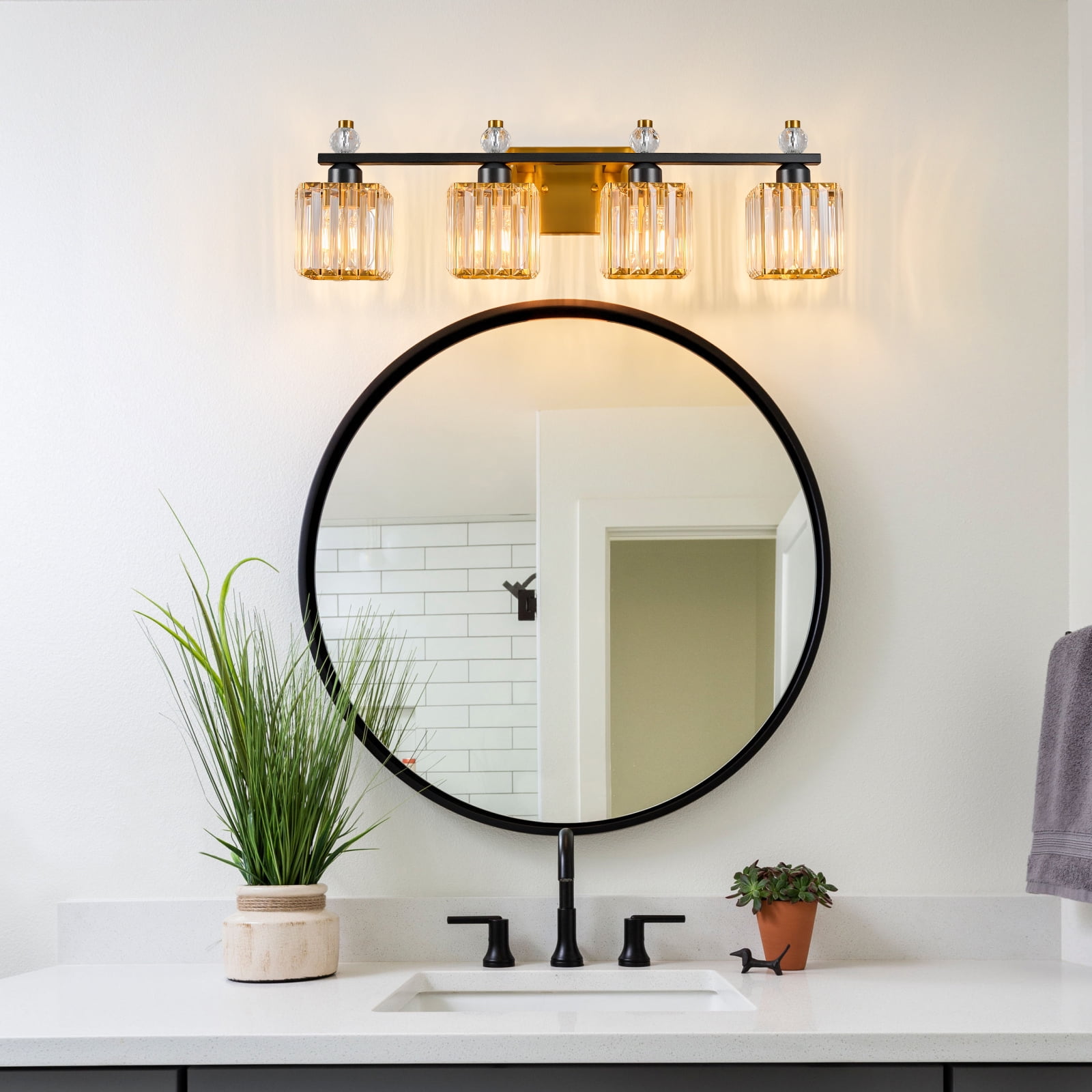Deyidn Vanity Lights 4-Light Modern Crystal Vanity Light Black Gold Bathroom Light Fixtures Over Mirror Crystal Bathroom Vanity Lighting Fixtures