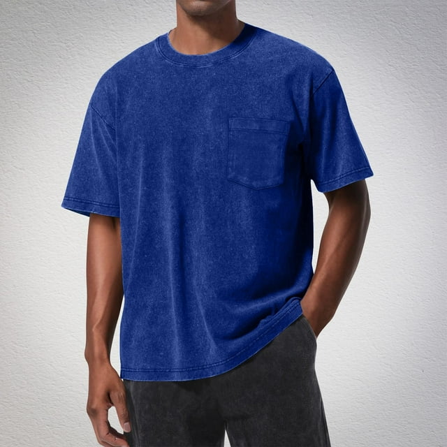 Men's Vintage Washed Cotton Pocket Tee, Retro Casual Distressed Short Sleeve T-Shirt