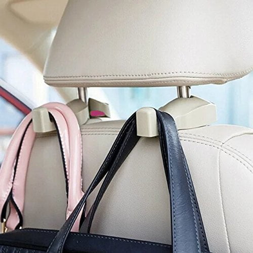 Beige 2 Pieces Car Headrest Hooks Universal Vehicle Back Seat Headrest Hanger Holder Hook Leather Car Seat Hooks for Hanging Purses and Grocery 