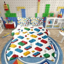 Castle Fairy Building Blocks 7-Piece Twin Bedding Sets,Construction Game Bedding Comforter Set,Colorful Brick Breathable Sheet Sets,Super Cozy Room Decor,Reversible