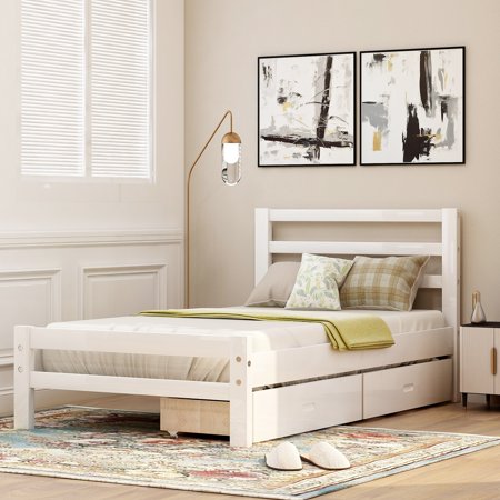 Kumji Platform Bed with Storage  Twin Platform Bed Frame with Two Storage Drawers  for Children Teenagers Girls and Boys  No Box Spring Needed  White