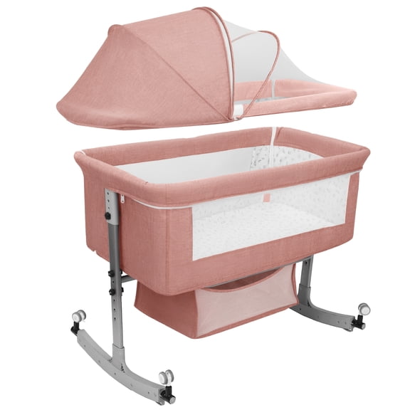 Happydeer 3 in 1 Bedside Baby Bassinet Sleeper, Height Adjustable Convertible Baby Crib Rocking Cradle with Waterproof Mattress, Breathable Mesh Side for Newborn Baby