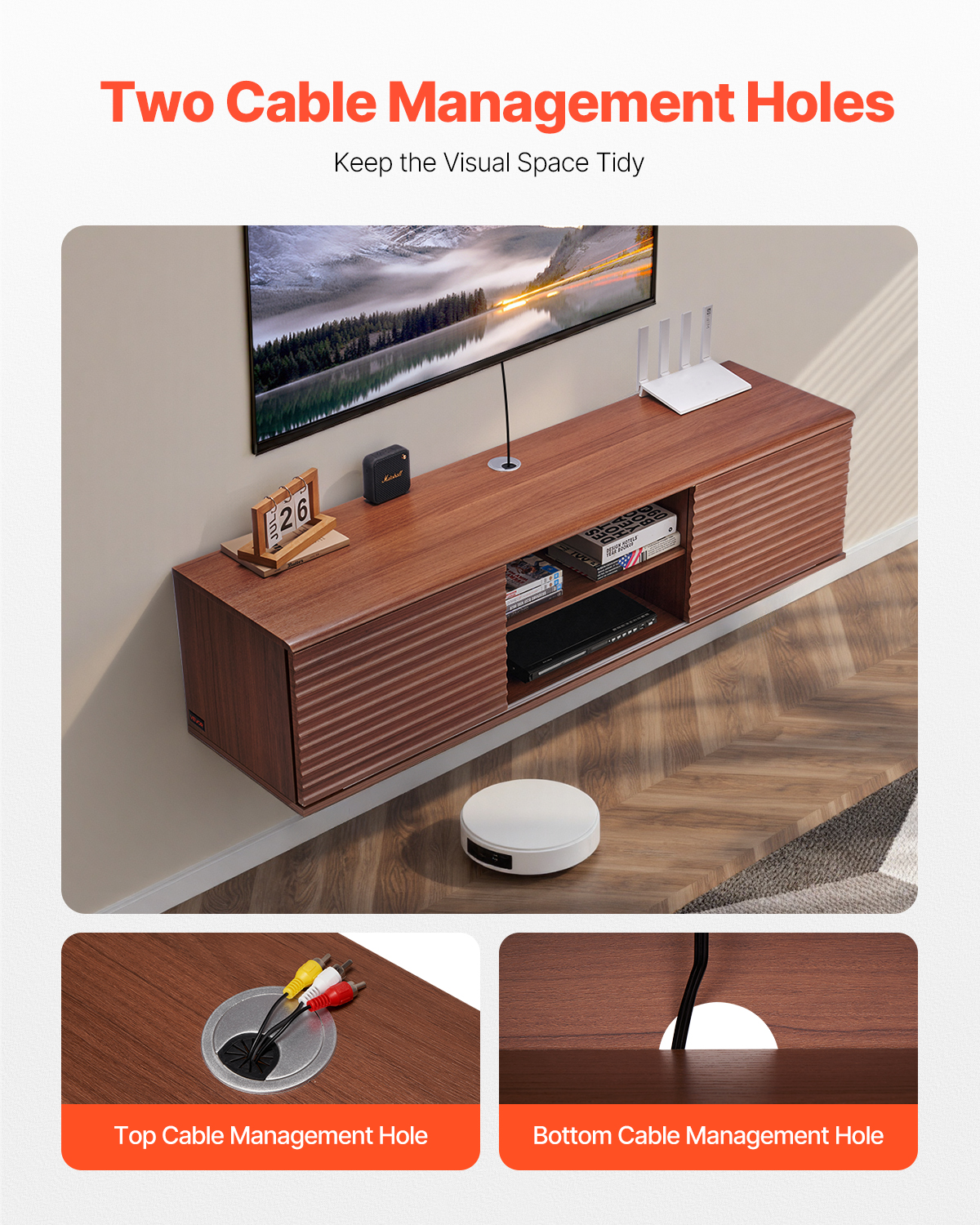 VEVOR Floating TV Stand, 60" Wall Mount Entertainment Center with Adjustable Shelf & Sliding Doors, 2 Tiers Floating TV Shelf with Storage Cabinet for DVD Player, Cable Box, Game Console, Walnut