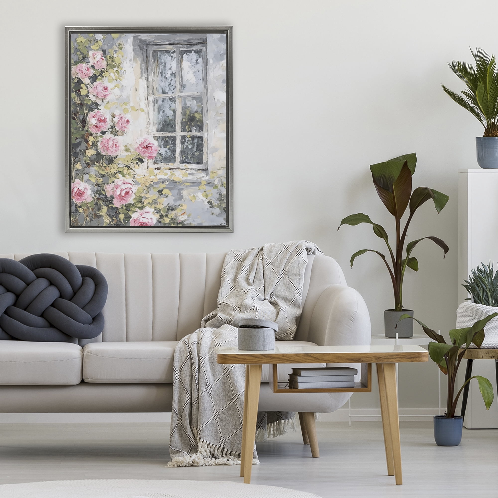 Stupell Industries View Of Roses Cottage Window Gray Framed Floater Canvas Wall Art, design by LSR Design Studio