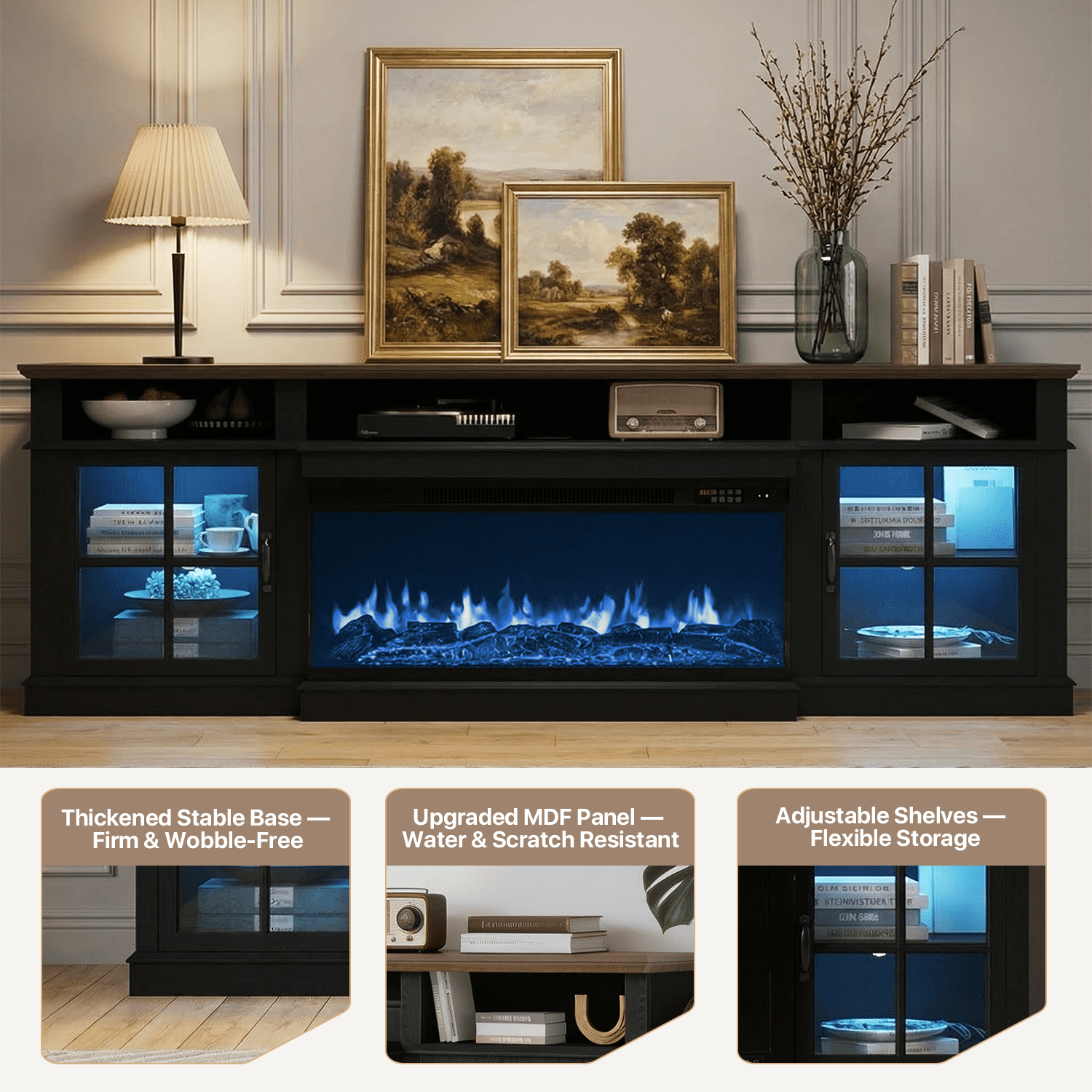 BaPiPro 80" Farmhouse Fireplace TV Stand for TVs Up to 90", Entertainment Center with 3-Sided 36" Electric Fireplace & LED Lights, 2 Drawers & 2 Storage Cabinet, Black