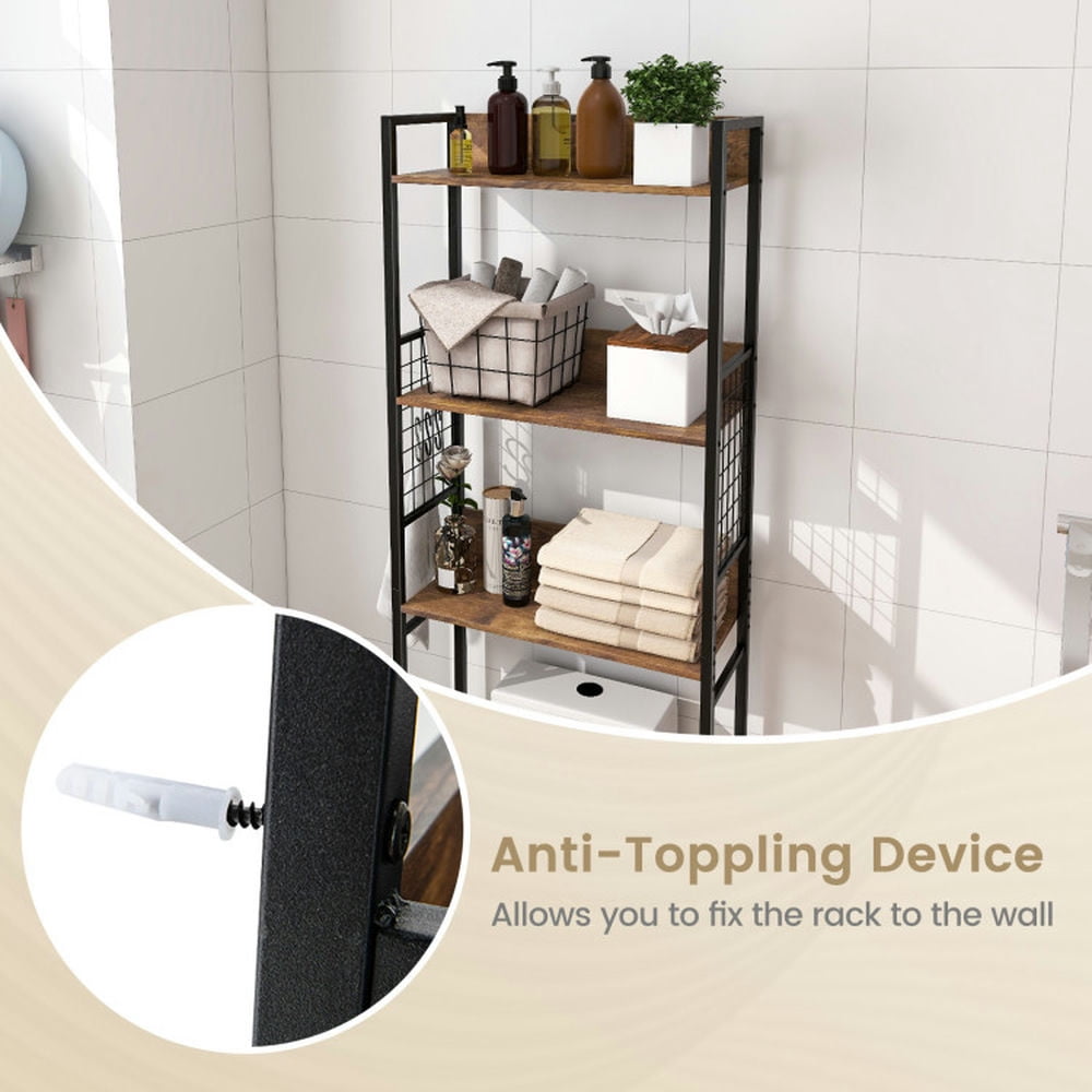 Finihen Toilet Storage Rack, Towel Rack, Towel Holder, 3-Tier Over-the-Toilet Storage Rack with 3 Hooks, for Bathroom, Rustic Brown