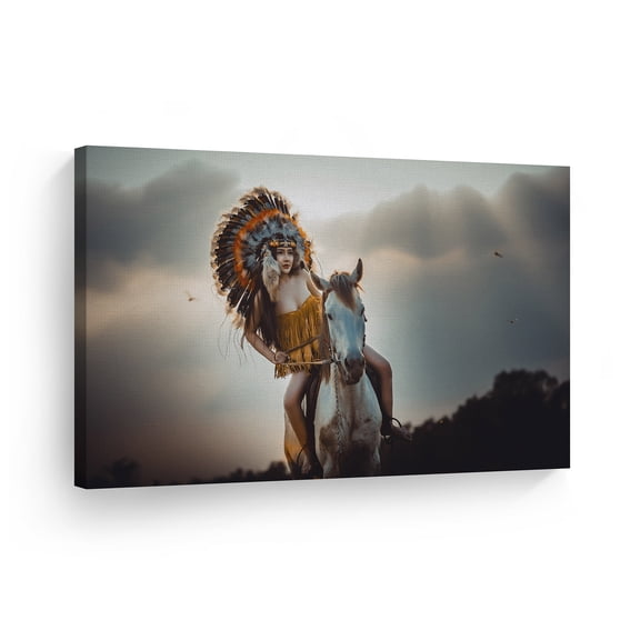 Smile Art Design Indian Wall Art Native American Girl Riding a White Horse Canvas Print Home Decor Decorative Artwork Living Room Bedroom Office Wall Decor Ready to Hang Made in USA - 15x22